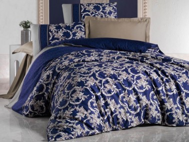 Cotton Box - Cotton Box Royal Satin Pera Double Duvet Cover Set Navy Blue