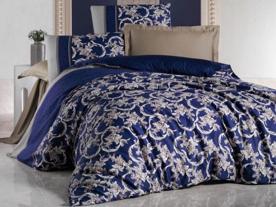 Cotton Box Royal Satin Pera Double Duvet Cover Set Navy Blue