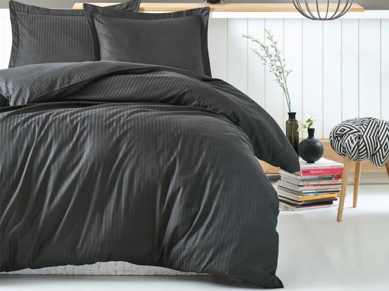 Cotton Box Stripe Anthracite Cotton Satin Duvet Cover Set Double