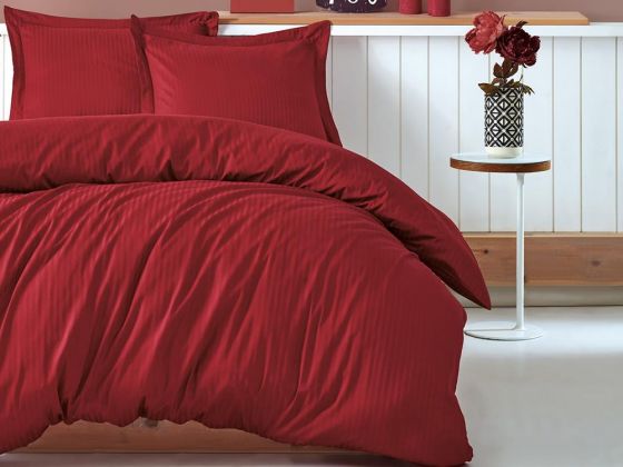 Cotton Box Stripe Claret Red Cotton Satin Duvet Cover Set Double