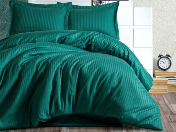 Cotton Box Stripe Double Cotton Satin Duvet Cover Set Petrol