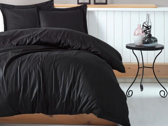 Cotton Box Stripe Black Cotton Satin Duvet Cover Set Double