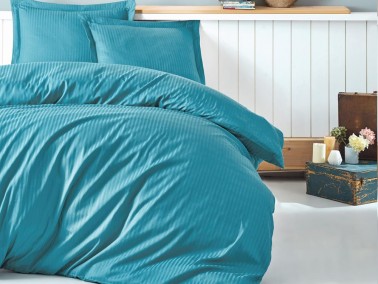 Cotton Box - Cotton Box Stripe Turquoise Cotton Satin Duvet Cover Set Double