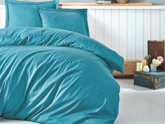 Cotton Box Stripe Turquoise Cotton Satin Duvet Cover Set Double