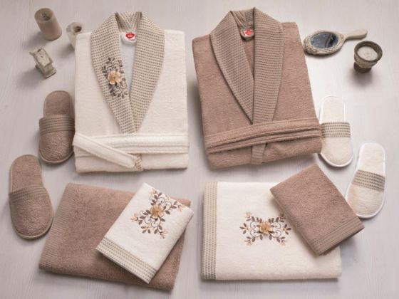 Cotton Box 3D Embroidered Bamboo Bathrobe Set Ecru Beige