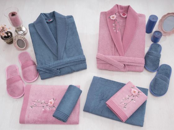 Cottonbox 3D Embroidered Bamboo Bathrobe Set Dried Rose Blue