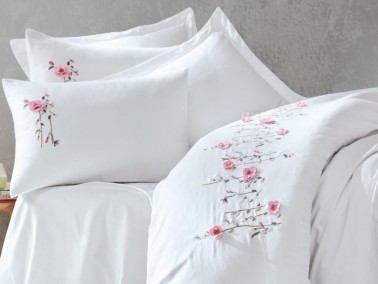 Cottonbox 3D Embroidered Satin Double Duvet Cover Set Perla White - Thumbnail