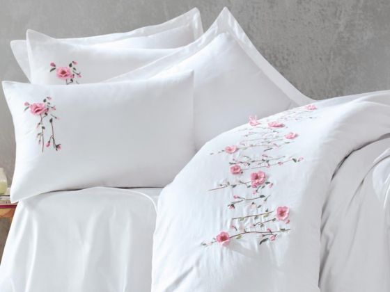 Cottonbox 3D Embroidered Satin Double Duvet Cover Set Perla White