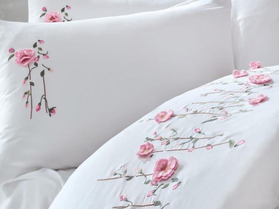 Cottonbox 3D Embroidered Satin Double Duvet Cover Set Perla White