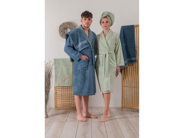 Cottonbox Bamboo 3D Embroidered Family Bathrobe Set Alvin Green Blue - Thumbnail