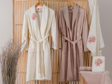 Cottonbox Bamboo 3D Embroidered Family Bathrobe Set Lenora Ecru Cappucino - Thumbnail