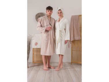 Cottonbox Bamboo 3D Embroidered Family Bathrobe Set Lenora Ecru Cappucino - Thumbnail