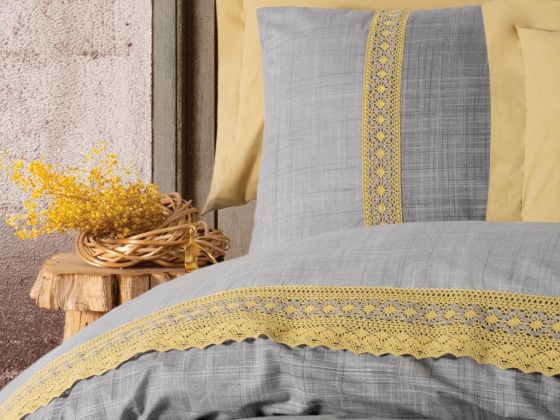 Cottonbox Brode Double Duvet Cover Set Hazel Mustard