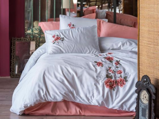 Cottonbox Brode Satin Elsa Double Duvet Cover Set Coral