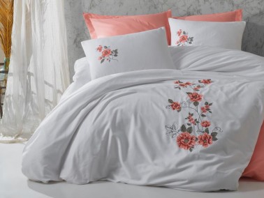 Cottonbox Brode Satin Elsa Double Duvet Cover Set Coral - Thumbnail