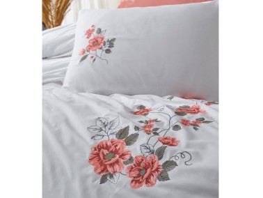 Cottonbox Brode Satin Elsa Double Duvet Cover Set Coral - Thumbnail