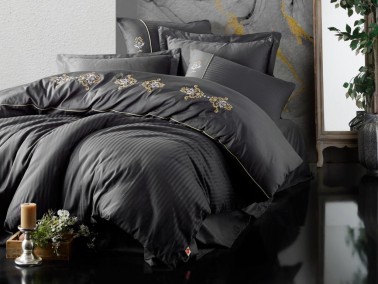 Cottonbox Brode Satin King Double Duvet Cover Set Anthracite - Thumbnail