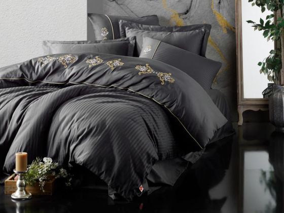 Cottonbox Brode Satin King Double Duvet Cover Set Anthracite