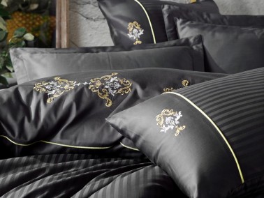 Cottonbox Brode Satin King Double Duvet Cover Set Anthracite - Thumbnail