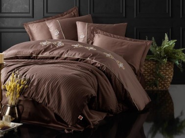 Cottonbox Brode Satin King Double Duvet Cover Set Brown - Thumbnail