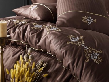 Cottonbox Brode Satin King Double Duvet Cover Set Brown - Thumbnail