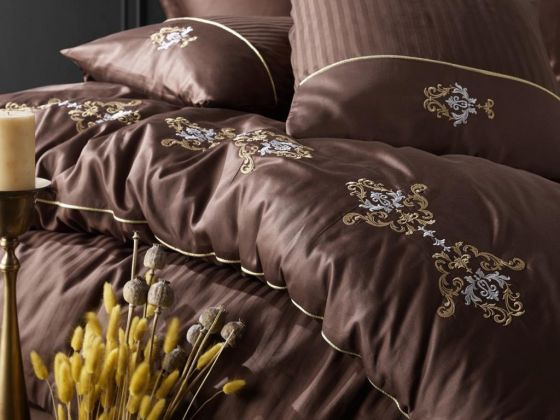 Cottonbox Brode Satin King Double Duvet Cover Set Brown