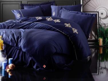 Cottonbox Brode Satin King Double Duvet Cover Set Navy Blue - Thumbnail