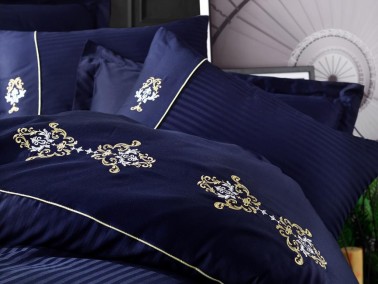 Cottonbox Brode Satin King Double Duvet Cover Set Navy Blue - Thumbnail