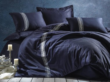 Cottonbox Brode Satin Royal Double Duvet Cover Set Navy Blue - Thumbnail