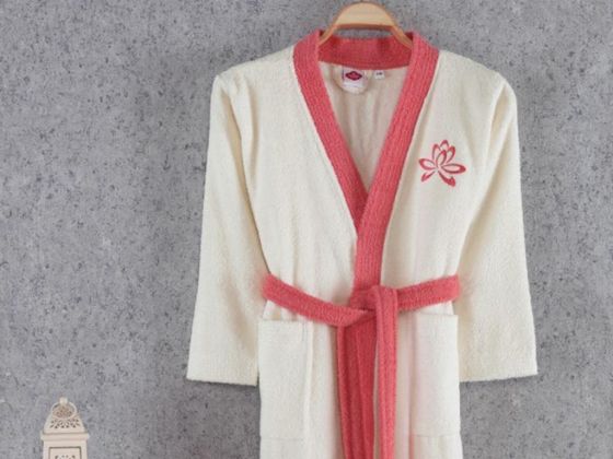 Cottonbox Fine Single Bathrobe Ecru-Coral