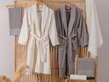 Cottonbox Jacquard Family Bathrobe Set Camilla Cream Gray - Thumbnail