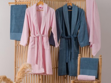 Cottonbox Jacquard Family Bathrobe Set Camilla Pink Indigo - Thumbnail