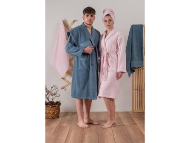 Cottonbox Jacquard Family Bathrobe Set Camilla Pink Indigo - Thumbnail