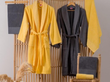 Cottonbox Jacquard Family Bathrobe Set Camilla Yellow Anthracite - Thumbnail