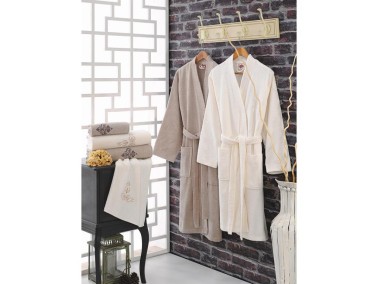 Cottonbox Embroidered Family Bathrobe Set Cream Brown - Thumbnail