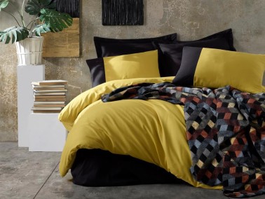 Cottonbox Cotton Blanket Even Double Duvet Cover Set Mustard Black - Thumbnail