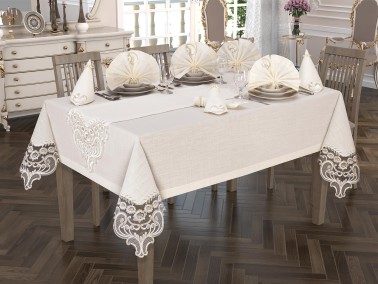 Crown Linen French Laced Tablecloth Set 26 Piece Cream - Thumbnail