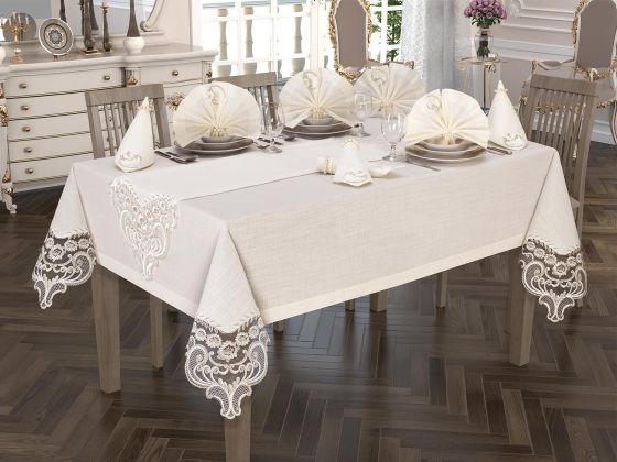 Crown Linen French Laced Tablecloth Set 26 Piece Cream