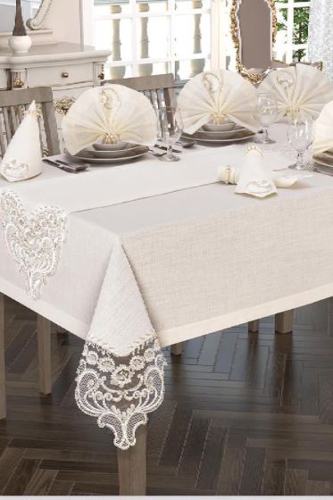 Crown Linen French Laced Tablecloth Set 26 Piece Cream