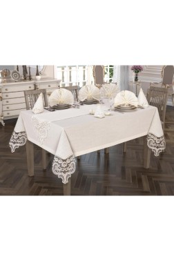 Crown Linen French Laced Tablecloth Set 26 Piece Cream - Thumbnail