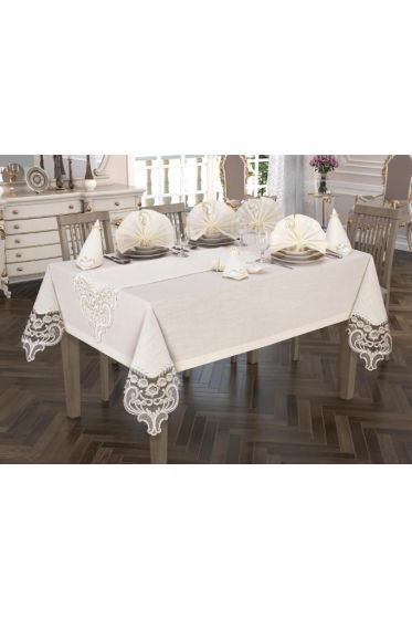 Crown Linen French Laced Tablecloth Set 26 Piece Cream