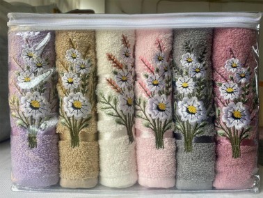 Çeyiz Diyarı - Daisy Flosh Bordered Cotton Embroidered Hand and Face Towel Set 6 Pcs Çeyiz Diyarı - Daisy Flosh Bordered Cotton Embroidered Hand and Face Towel Set 6 Pcs