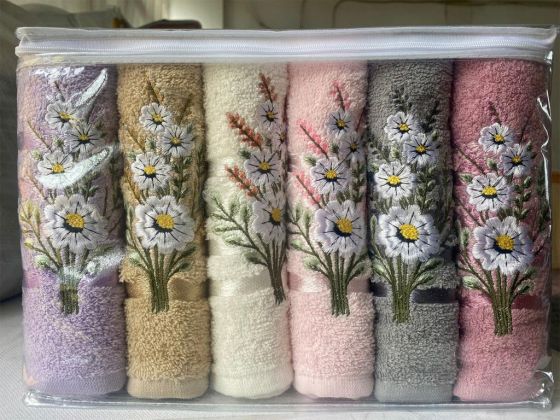 Daisy Flosh Bordered Cotton Embroidered Hand and Face Towel Set 6 Pcs