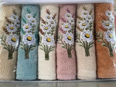 Daisy Flosh Cotton Embroidered Hand and Face Towel Set 6 Pcs - Thumbnail