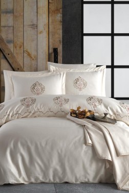 Çeyiz Diyarı - Damask Embroidered 100% Cotton Sateen, Duvet Cover Set, Duvet Cover 200x220, Sheet 240x260, Double Size, Full Size Champagne