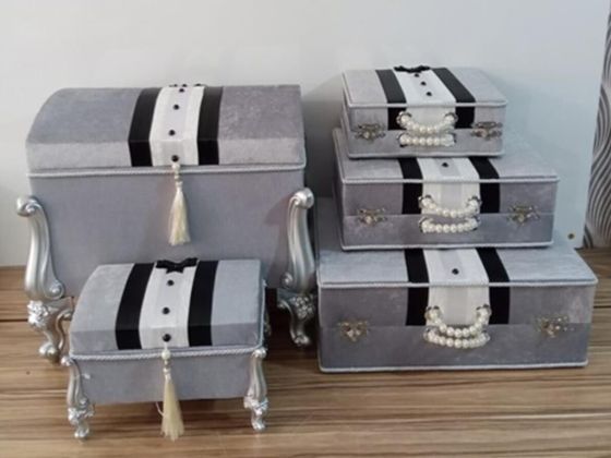 Groom Figured 5 Pcs Dowery Chest Bag Set Gray