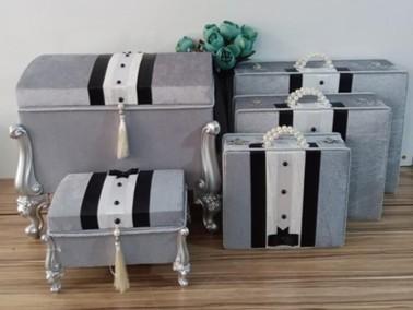 Groom Figured 5 Pcs Dowery Chest Bag Set Gray - Thumbnail