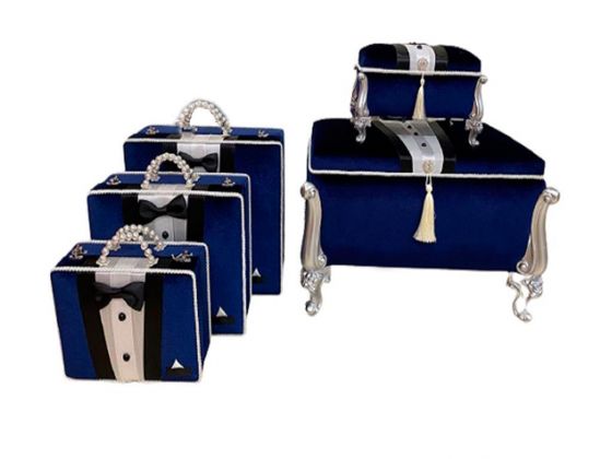 Groom Figured 5 Pcs Dowery Chest Bag Set Navy Blue