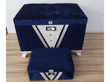 Groom Figured Plain 2 Liter Dowry Chest Navy Blue - Thumbnail