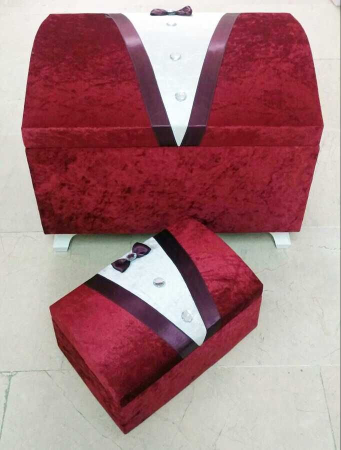 Groom Figured Velvet Double Dowry Chest Claret Red